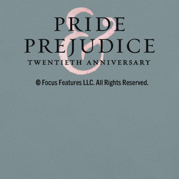 Text for 'Pride & Prejudice with copyright notice on a light blue background closeup image of tee shirt print